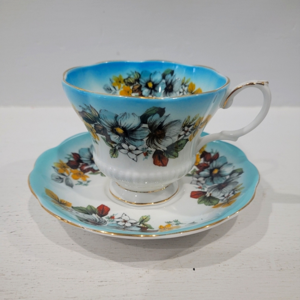 Royal Albert Teal Blue, Floral Reflection Series Bone China Tea Cup & Saucer Set